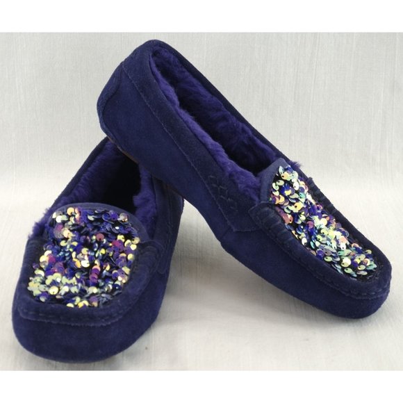 EUC UGG Ansley Stellar Sequin Suede Slip-on Slippers | Moccasin, Navy, Sz. 6 - Picture 1 of 8